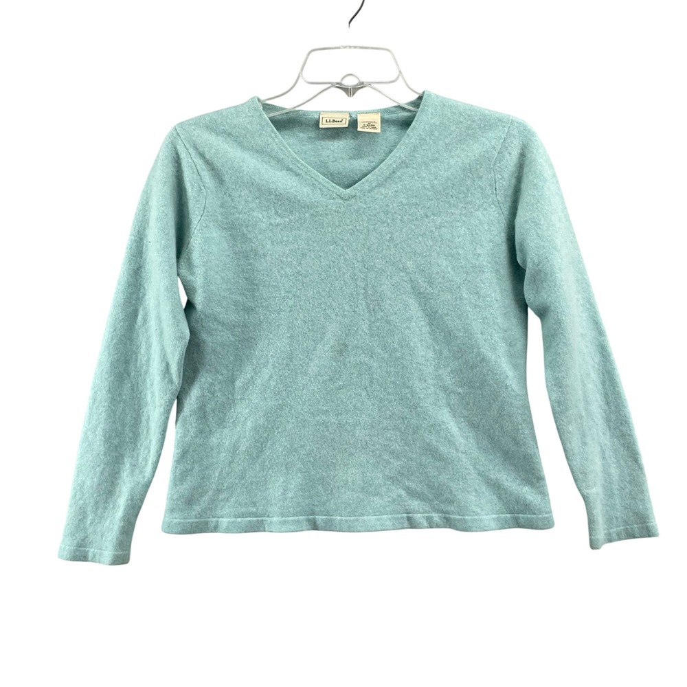 LL Bean V-Neck Sweater Womens Medium Blue 100% Cashmere Knit Travel Academia